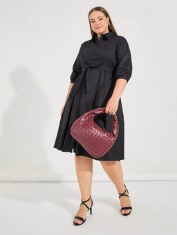 Styli - Women Plus Black Cuffed Sleeves Shirt Dress with Belt (Set of 2)