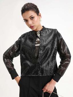 RAREISM - Women Black Regular Fit Sequined Crop Jacket
