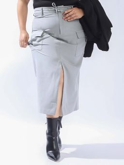 High Star - Women Grey Plus Size Midi Cargo Front Slit Korean Skirt