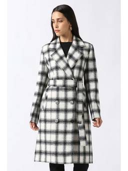 Van Heusen - Women White Check Casual Coat with Belt