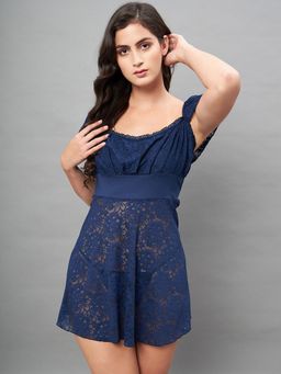 Secrets By ZeroKaata - Women Self Design Lace Baby Doll Lingerie - Navy Blue