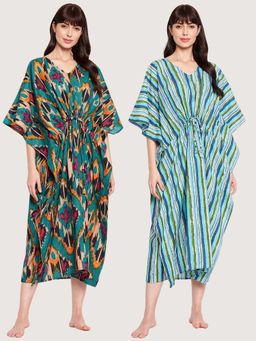 Secrets By ZeroKaata - Pack of 2 Printed Cotton Kaftan Nightdress For Women - Multi-Color