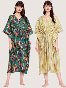 Secrets By ZeroKaata - Pack of 2 Printed Cotton Kaftan Nightdress For Women - Multi-Color