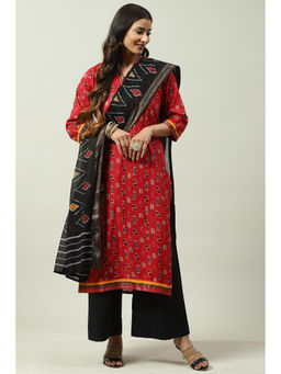 Biba - Red Cotton Unstitched Suit (Set of 3)