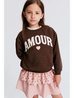 H&M - Girls Brown Motif-Detail Brushed-Inside Sweatshirt