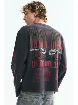 H&M - Men Black Relaxed Fit Long-Sleeved Printed Cotton T-Shirt