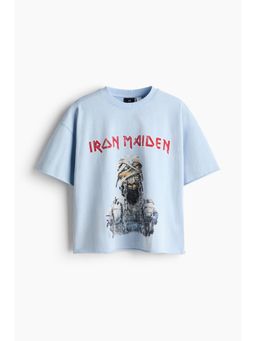 H&M - Men Blue Oversized Fit Printed Raw-Edge Cotton T-Shirt