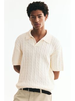 H&M - Men White Relaxed Fit Cable-Knit Polo Shirt
