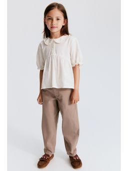 H&M - Girls Beige Cotton Twill Barrel Trousers