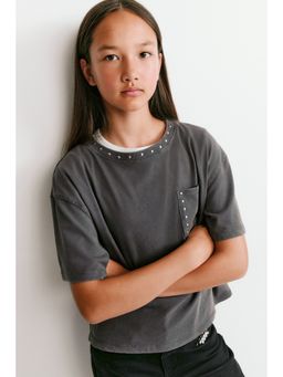 H&M - Girls Grey Studded Cotton T-Shirt