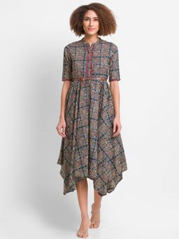 Globus - Blue Printed Dress with Belt (Set of 2)