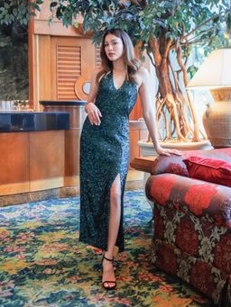 Zink London - Womens Green Shimmer Cut-Out Maxi Dress