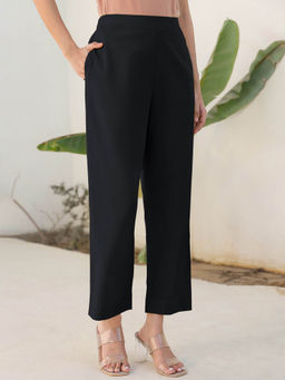 Janasya - Women's Black Cotton Solid Straight Pant