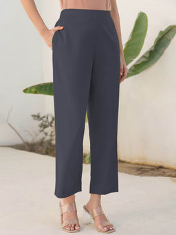 Janasya - Women's Grey Cotton Solid Straight Pant