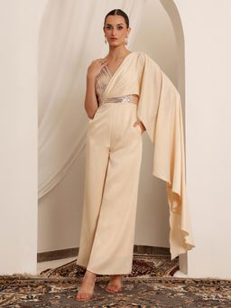 Miss Chase - Luxe Women's Cream Sleeveless Embellished Jumpsuit