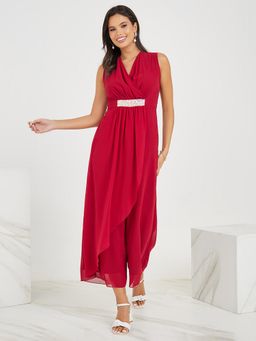 Miss Chase - Women's Maroon V-Neck Sleeveless Embellished Jumpsuit