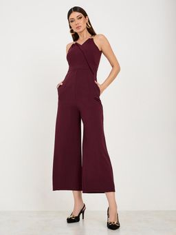 Miss Chase - Women's Wine V-Neck Sleeveless Solid Jumpsuit
