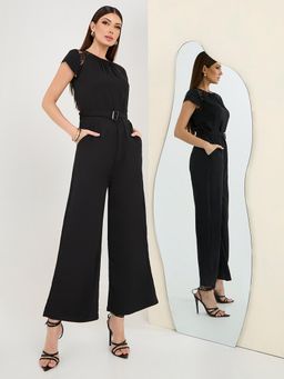Miss Chase - Women's Black Round Neck Cap Sleeve Jumpsuit