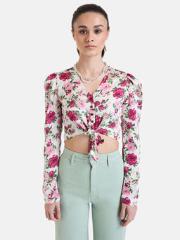 Kazo - Full Sleeve Printed Cropped Top With Knot
