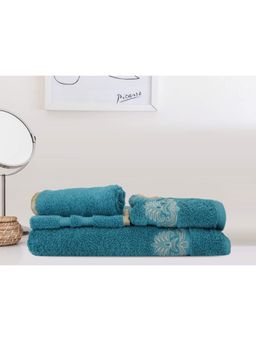 Lush & Beyond - Aqua Blue Cotton 2 Face Towels, 1 Hand Towel and 1 Bath Towel Set (Set of 4) (XL)