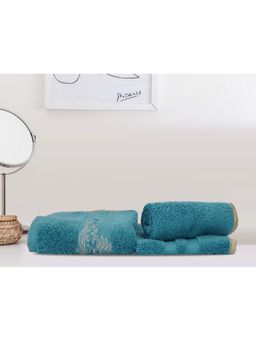 Lush & Beyond - Aqua Blue Cotton 2 Embroidered Face Towels and 1 Hand Towel Set (Set of 3) (XL)