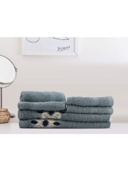 Lush & Beyond - Royal Blue Cotton 4 Embroidered Face Towels and 2 Hand Towels Set (Set of 6) (XL)