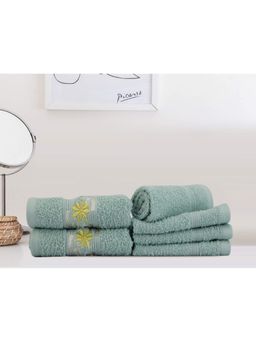 Lush & Beyond - Teal Cotton 4 Embroidered Face Towels and 2 Hand Towels Set (Set of 6) (XL)