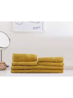 Lush & Beyond - Mustard Cotton 4 Solid Face Towels and 2 Hand Towels Set (Set of 6) (XL)