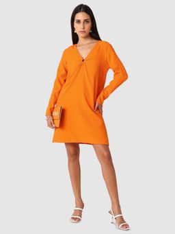 Freehand - Women A-Line Fit Textured V-Neck Full Sleeves Shift Dress
