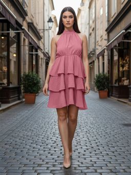 Freehand - Women Fit and Flared Textured Halter Neck Sleeveless Mini Dress