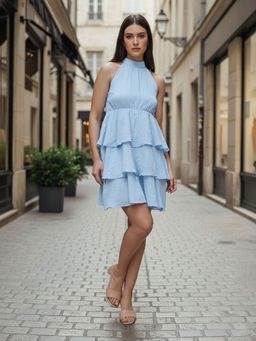 Freehand - Women Fit and Flared Textured Halter Neck Sleeveless Mini Dress