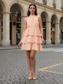 Freehand - Women Fit and Flared Textured Halter Neck Sleeveless Mini Dress