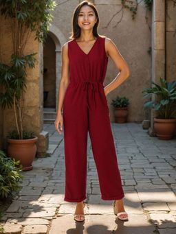 Freehand - Women Regular Fit Textured V-Neck Sleeveless Jumpsuit
