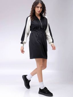 Freehand - Women Fit and Flared Colorblocked Hooded Full Sleeves Sweat Dress