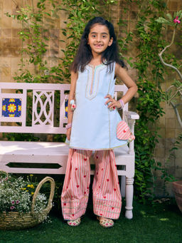 Fayon Kids - Blue Cotton Round Neck Solid Kurta With Pant