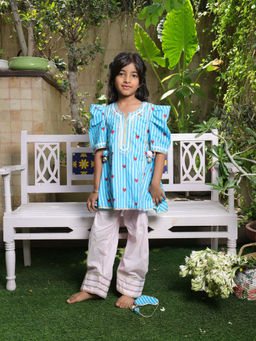 Fayon Kids - Blue Cotton Round Neck Printed Kurta With Pant