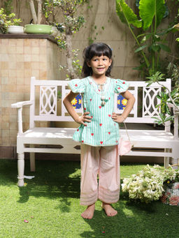 Fayon Kids - Green Cotton Round Neck Printed Kurta With Pant