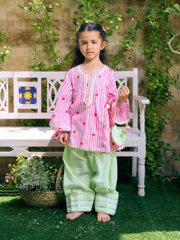 Fayon Kids - Pink Cotton Round Neck Printed Kurta With Pant