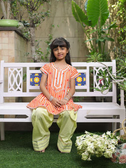 Fayon Kids - Orange Cotton Round Neck Printed Kurta With Pant