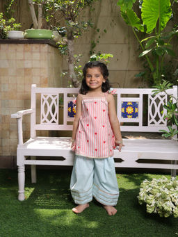 Fayon Kids - Pink Cotton Tie Up Neck Printed Kurta With Pant