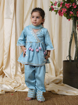 Fayon Kids - Blue Cotton V-Neck Embroidered Kurta With Pant & Dupatta