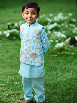 Fayon Kids - Blue Cotton Round Neck Embroidered Nehru Jacket With Kurta & Pant
