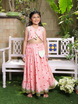 Fayon Kids - Peach Cotton V-Neck Printed Crop Top With Skirt