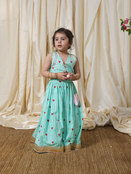 Fayon Kids - Green Cotton V-Neck Printed Crop Top With Skirt