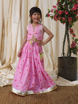 Fayon Kids - Pink Cotton V-Neck Printed Crop Top With Skirt
