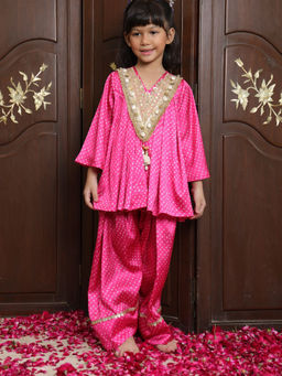 Fayon Kids - Pink Crepe V-Neck Polka Dots Kurta With Pant