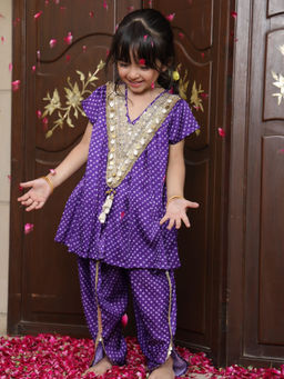 Fayon Kids - Purple Crepe V-Neck Polka Dots Kurti With Dhoti