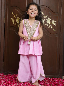 Fayon Kids - Pink Crepe V-Neck Polka Dots Kurta With Palazzo