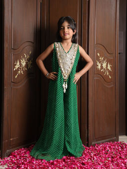 Fayon Kids - Green Georgette V-Neck Polka Dots Jumpsuit