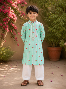 Fayon Kids - Green Cotton Round Neck Printed Kurta With Pant